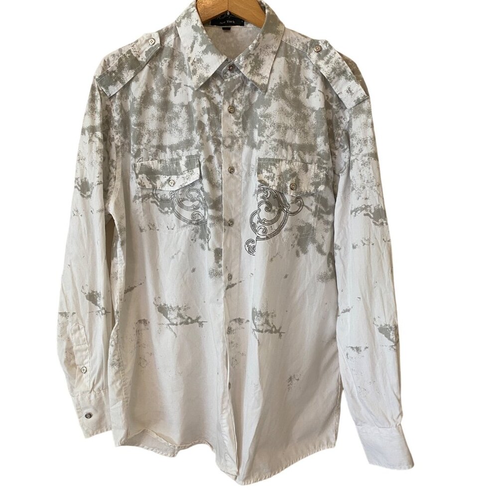 Men’s Y2K Redemption Graphic White and Grey Shield Button Up Shirt Size Large